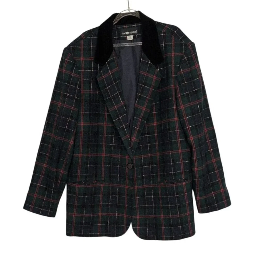 Vintage Sag Harbor Plaid Metallic Blazer Womens Size 18 Green Wool Blend Jacket